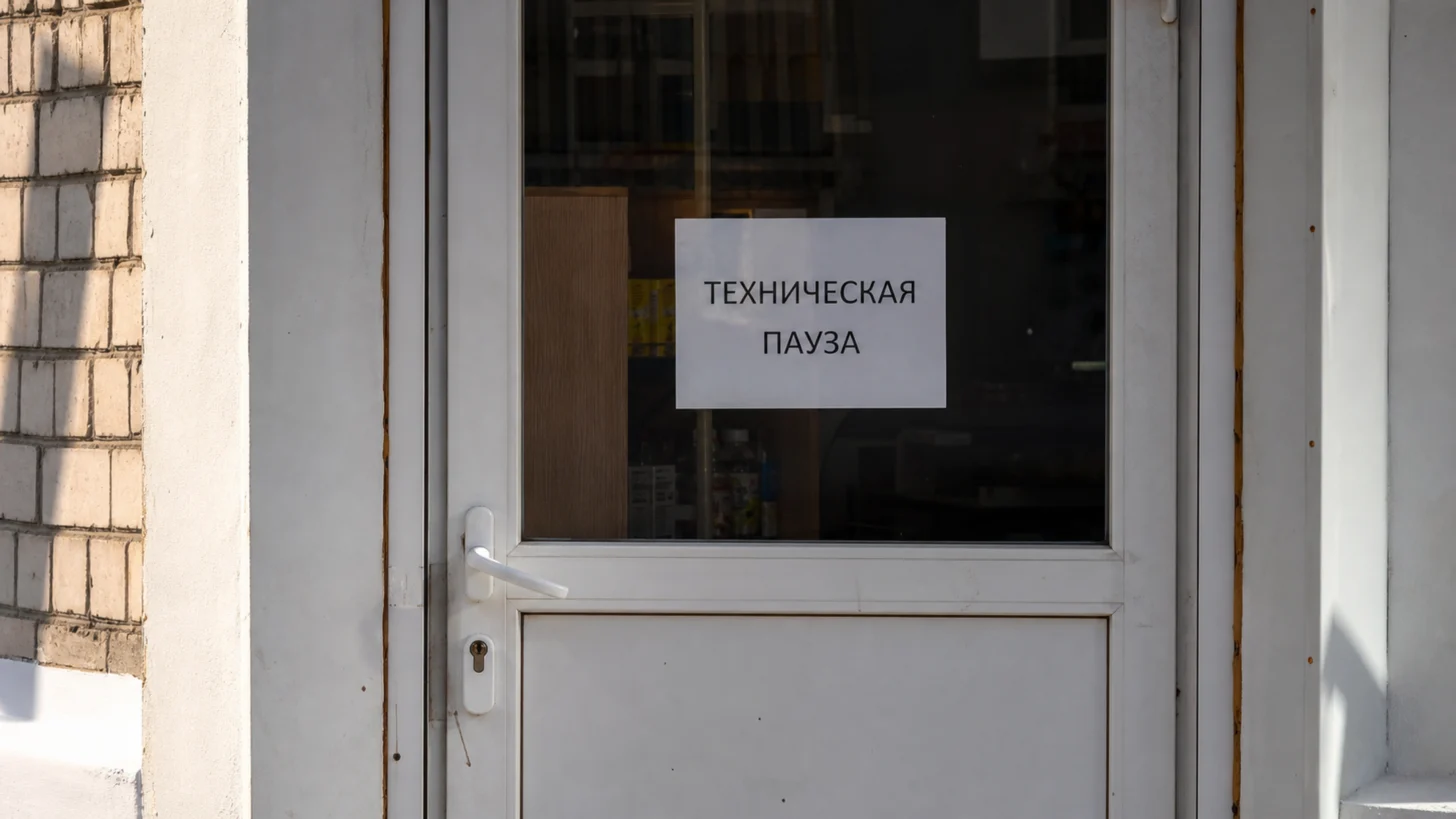 Закрытая дверь магазина с табличкой о технической паузе